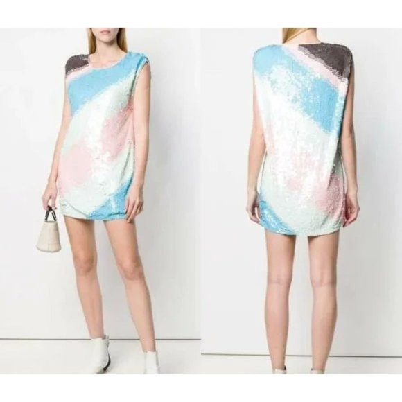 Blue Pink Sequin Dress Medium Candy Stripe Shift Cocktail Party Circus New $595